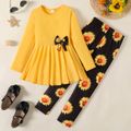 2pcs Kid Girl Bowknot Design Long-sleeve Tee and Floral Print Leggings Set Yellow image 1
