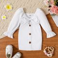 Baby Girl Button Front Solid Rib Knit Bow Front Cut Out Long-sleeve Dress White