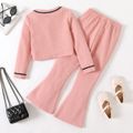 2pcs Kid Girl Tweed Textured Button Design Long-sleeve Tee and Pink Flared Pants Set Pink