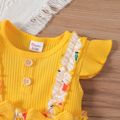 2pcs Baby Girl 95% Cotton Rib Knit Flutter-sleeve Spliced Lemon Print Ruffle Bowknot Dress with Headband Set Yellow
