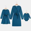 Solid Lace Long-sleeve Spliced Rib Knit Surplice Neck Belted Dress for Mom and Me Peacockblue image 1