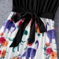Family Matching Solid Short-sleeve Spliced Allover Dinosaur Print Belted Dresses and T-shirts Sets Colorful image 4