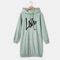 Letter Print Green Long-sleeve Drawstring Hoodie Dress for Mom and Me Green