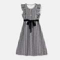 Family Matching 95% Cotton Short-sleeve Polo Shirts and Houndstooth Ruffle Trim Belted Tank Dresses Sets Black