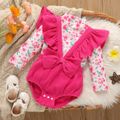 2pcs Baby Girl 100% Cotton Crepe Ruffle Trim Bow Front Romper and Allover Floral Print Mock Neck Long-sleeve Top Set Roseo