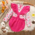2pcs Baby Girl 100% Cotton Crepe Ruffle Trim Bow Front Romper and Allover Floral Print Mock Neck Long-sleeve Top Set Roseo
