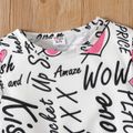 2pcs Kid Girl Letter Heart Print Ruffled Long-sleeve Tee Button Design Pink Skirt Set White image 3