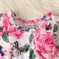 2pcs Baby Girl Allover Floral Print Tank Dress and Solid Rib Knit Ruffle Collar Long-sleeve Button Front Cardigan Set Pink image 3