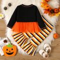 Halloween 2pcs Baby Girl Long-sleeve Mesh Hem Graphic Top and Striped Flared Pants Set ColorBlock