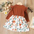 Toddler Girl Faux-two Floral Print Ribbed Splice Bowknot Design Long-sleeve Dress Orange image 2