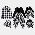 Family Matching Long-sleeve Solid Spliced Plaid Asymmetric Hem Dresses and Button Up Shirts Sets BlackandWhite