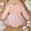 Baby Girl Allover Daisy Floral Print Mesh Spliced Rib Knit Bow Front Long-sleeve Romper Pink