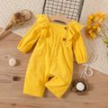 Baby Girl Button Front Yellow Textured Ruffle Trim Long-sleeve Jumpsuit Yellow image 1