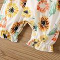 2pcs Baby Girl 95% Cotton Rib Knit Flutter-sleeve Applique Decor Spliced Floral Print Romper with Headband Set Ginger