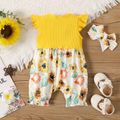 2pcs Baby Girl 95% Cotton Rib Knit Flutter-sleeve Applique Decor Spliced Floral Print Romper with Headband Set Ginger
