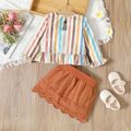 2pcs Baby Girl 100% Cotton Eyelet Embroidered Belted Skirt and Colorful Striped Ruffle Trim Long-sleeve Top Set Multi-color