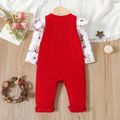 2pcs Baby Girl Allover Bear Print Ruffle Long-sleeve Tee and Embroidered Overalls Set Color block image 2