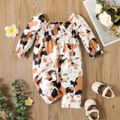 Baby Girl Allover Print Square Neck Long-sleeve Shirred Jumpsuit Color block