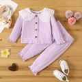 2pcs Baby Girl Statement Collar Long-sleeve Button Front Purple Rib Knit Top and Pants Set Light Purple