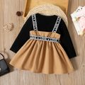 Baby Girl 95% Cotton Long-sleeve Faux-two Letter Design Belted Dress Color block