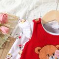 2pcs Baby Girl Allover Bear Print Ruffle Long-sleeve Tee and Embroidered Overalls Set Color block