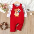 2pcs Baby Girl Allover Bear Print Ruffle Long-sleeve Tee and Embroidered Overalls Set Color block image 1