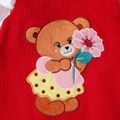 2pcs Baby Girl Allover Bear Print Ruffle Long-sleeve Tee and Embroidered Overalls Set Color block image 4