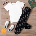 2pcs Kid Girl Short-sleeve White Tee (Pure Cotton) and Polka dots Black Pants Set White