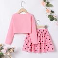 2pcs Kid Girl Bowknot Button Design Long-sleeve Pink Tee and Polka dots Layered Skirt Set Pink