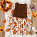 2pcs Kid Girl Halloween Pumpkin Print Long-sleeve Dress and Fleece Cardigan Set Brown