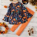 2pcs Kid Girl Halloween Pumpkin Print Bowknot Design Long Bell sleeves Tee and Polka dots Leggings Set Dark Blue