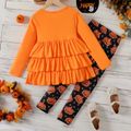 2pcs Kid Girl Halloween Ruffled Layered Long-sleeve Tee and Pumpkin Print Leggings Set Orangeyellow