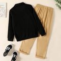 2pcs Kid Boy Preppy style Plaid Splice Lapel Collar Sweatshirt and Khaki Pants Set Black