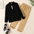 2pcs Kid Boy Preppy style Plaid Splice Lapel Collar Sweatshirt and Khaki Pants Set Black