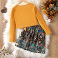 2pcs Kid Girl Button Design Tie Knot Long-sleeve Tee and Exotic Allover Print Skirt Set Ginger