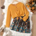 2pcs Kid Girl Button Design Tie Knot Long-sleeve Tee and Exotic Allover Print Skirt Set Ginger