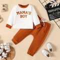 2pcs Baby Boy 95% Cotton Pants and Letter Print Long-sleeve Pullover Set Caramel