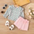 2pcs Baby Girl 100% Cotton Belted Shorts and Allover Pineapple Print Ruffle Trim Long-sleeve Top Set Pink