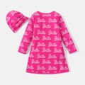 Barbie 2pcs Kid Girl Letter Allover Print Long-sleeve Dress and Cap Set Pink image 3