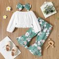 3pcs Baby Girl 100% Cotton Off Shoulder Long-sleeve Top and Allover Floral Print Flared Pants with Headband Set ColorBlock