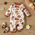 Baby Girl Ruffle Trim Spliced Allover Floral Print Long-sleeve Snap Jumpsuit Brown