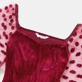 Family Matching Polka Dots Mesh Long-sleeve Spliced Velvet Ruffle Hem Bodycon Dresses and Plaid Shirts Sets WineRed image 3