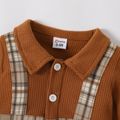 Baby Boy Long-sleeve Faux-two Waffle Spliced Plaid Button Front Jumpsuit Brown