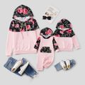 Floral Print Spliced Pink Long-sleeve Drawstring Hoodies for Mom and Me Pink image 1