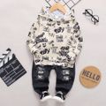 2pcs Kid Boy Letter Allover Print Hoodie Sweatshirt and Patchwork Ripped Denim Jeans Set OffWhite image 1