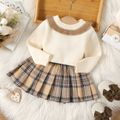 2pcs Baby Girl 100% Cotton Long-sleeve Contrast Collar Knitted Pullover Sweater and Plaid Pleated Skirt Set Khaki