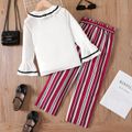 2pcs Kid Girl Flounce Collar Long Bell sleeves Blouse and Stripe Belted Pants Set ColorBlock image 4