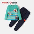 Super Pets 2pcs Kid Boy Striped Letter Figure Print Long-sleeve Tee and 100% Cotton Pants Set Turquoise image 1