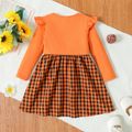 Toddler Girl Faux-two Bowknot Design Ribbed Plaid Splice Long-sleeve Dress Orange image 2