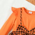 Toddler Girl Faux-two Bowknot Design Ribbed Plaid Splice Long-sleeve Dress Orange image 3